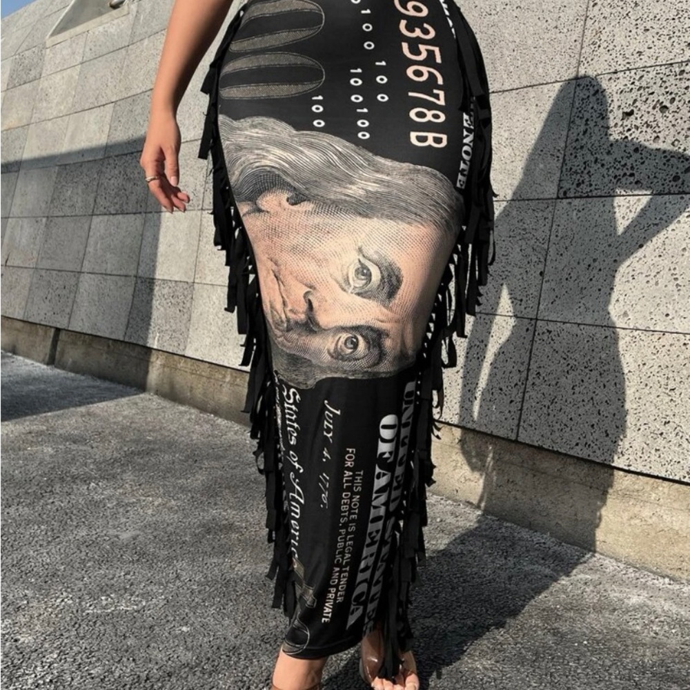 SHEIN SXY dollar print fringe trim maxi skirt - Picture 4 of 6